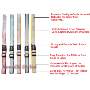 Rovadik Nylon Safety Reflective Cow Collar, Strong and Durable, Adjustable High Visibility Safety Reflector, Suitable for Stray Cows, Cattles and Buffaloes (Pack of 5 Collars)