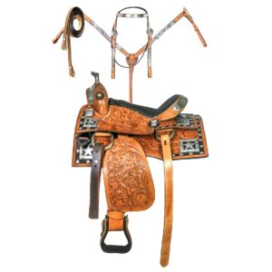 Handmade Western Show Saddle Set – Tooled Leather Horse Saddle with Matching Headstall, Breast Collar & Reins – Comfortable Trail & Show Riding