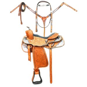 Handmade Western Show Saddle Set – Tooled Leather Horse Saddle with Matching Headstall, Breast Collar & Reins – Comfortable Trail & Show Riding