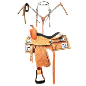Handmade Western Show Saddle Set – Tooled Leather Horse Saddle with Matching Headstall, Breast Collar & Reins – Comfortable Trail & Show Riding
