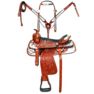 Handmade Western Show Saddle Set – Tooled Leather Horse Saddle with Matching Headstall, Breast Collar & Reins – Comfortable Trail & Show Riding