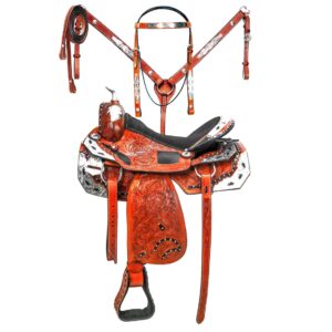 Handmade Western Show Saddle Set – Tooled Leather Horse Saddle with Matching Headstall, Breast Collar & Reins – Comfortable Trail & Show Riding