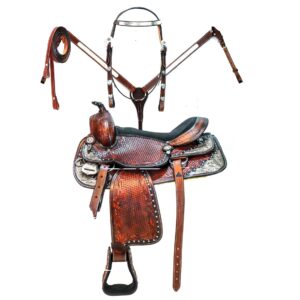 Handmade Western Show Saddle Set – Tooled Leather Horse Saddle with Matching Headstall, Breast Collar & Reins – Comfortable Trail & Show Riding
