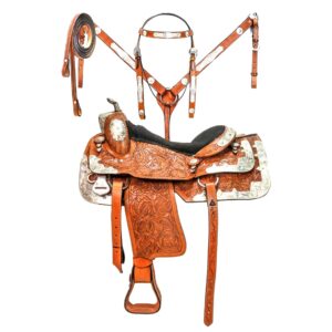 Handmade Western Show Saddle Set – Tooled Leather Horse Saddle with Matching Headstall, Breast Collar & Reins – Comfortable Trail & Show Riding
