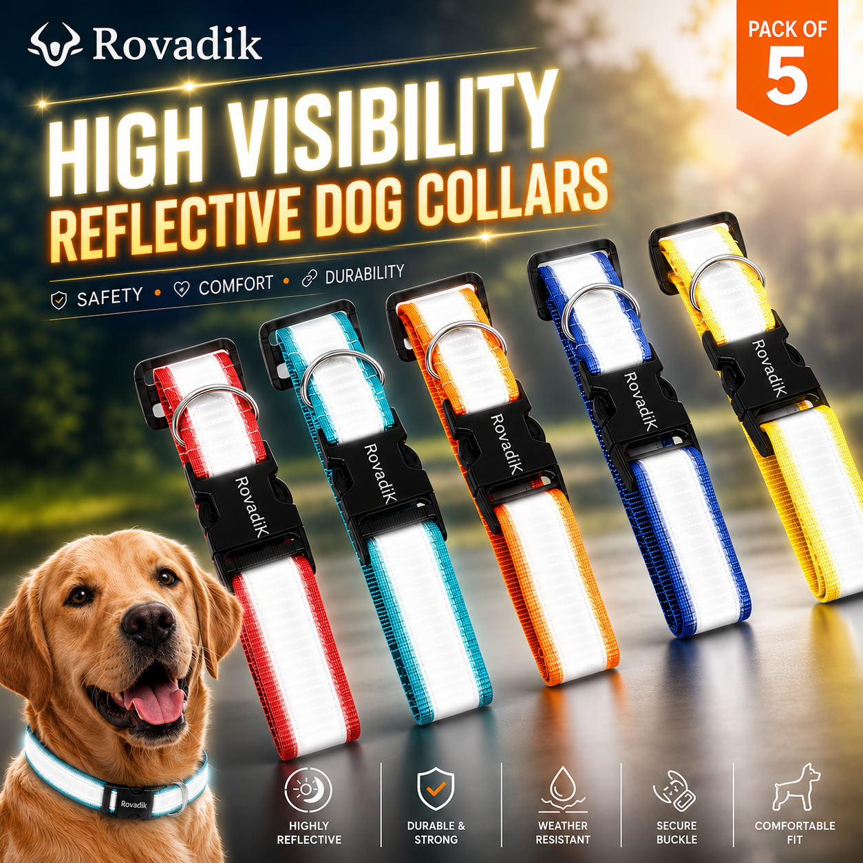 Rovadik Full Broad Reflective Dog Collar, Strong and Durable Radium Dog Collar | Prevent Accident | Ultra High Visibility Safety Reflector for Street Dogs and Pet Dogs (Pack of 5 Collars) - Image 3