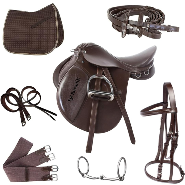 Rovadik Genuine Leather All Purpose Jumping English Horse Saddle Set 8 in 1 with Bridle and Reins, Saddle Pad, Stirrup, Stirrup Leather, Horse Bit and Horse Girth Suitable for 70-80 kg (Size 18)-Brown