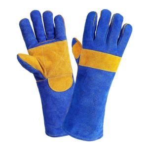 Rovadik Industries Animal Handling Leather Gloves Kevlar Gauntlet for Safety Against Cats, Dogs, Reptile, Birds, Snakes (18 inches – (Pack of 1 Pair), Blue-Yellow)