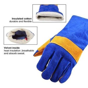 Rovadik Industries Animal Handling Leather Gloves Kevlar Gauntlet for Safety Against Cats, Dogs, Reptile, Birds, Snakes (18 inches – (Pack of 1 Pair), Blue-Yellow)