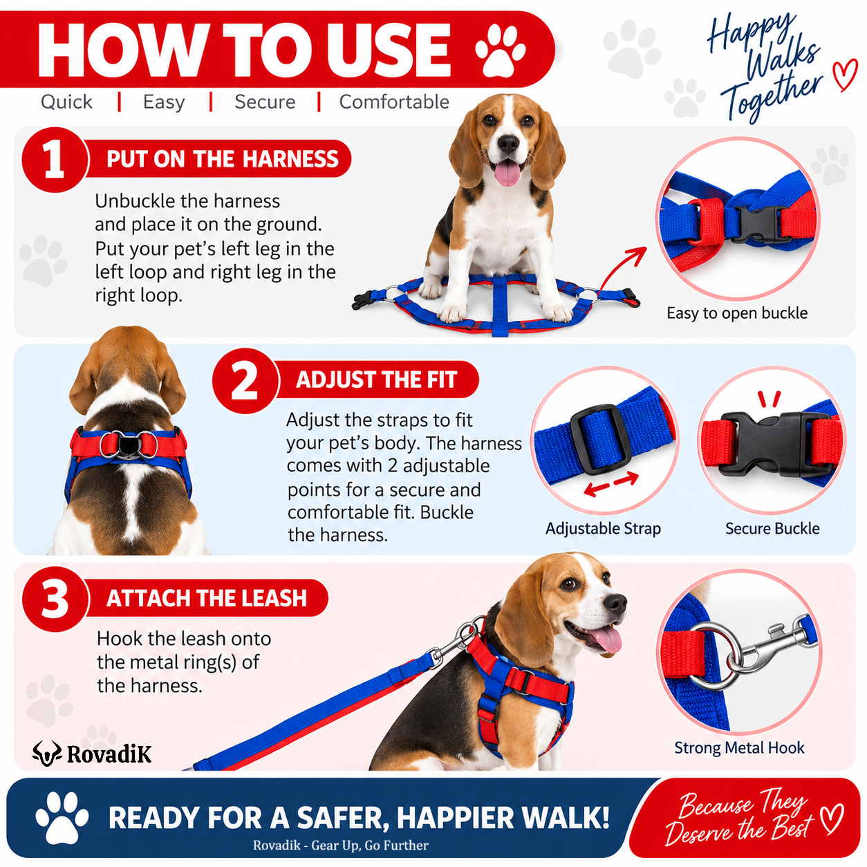 Rovadik No-Pull Padded Dog Harness with Strap Leash Combo Set for Medium Dogs, Adjustable, Comfortable, Dog Training, Dog Walking -for Beagle, Bull Dog, Basset Hound, Adult Indies, etc (Blue) - Image 4
