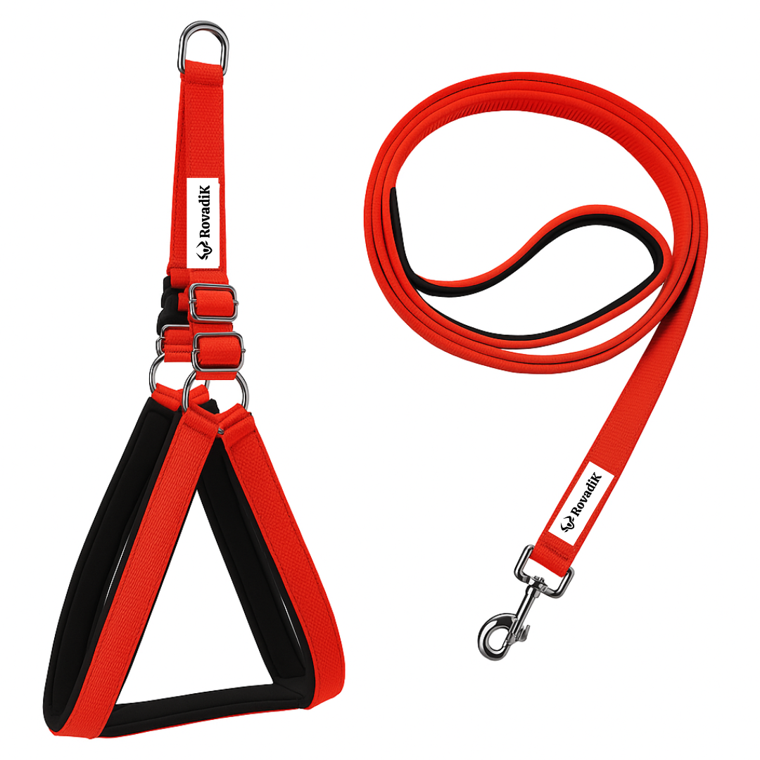 Rovadik Padded Dog Harness and Strap Dog Leash Combo, Strong and Durable Animal Harness For Small, Medium and Large Dogs (Red)