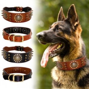 Heavy Duty Leather Dog Collar with Spikes – Adjustable Wide Collar for Large Breeds like German Shepherd, Pitbull, Rottweiler & Mastiff