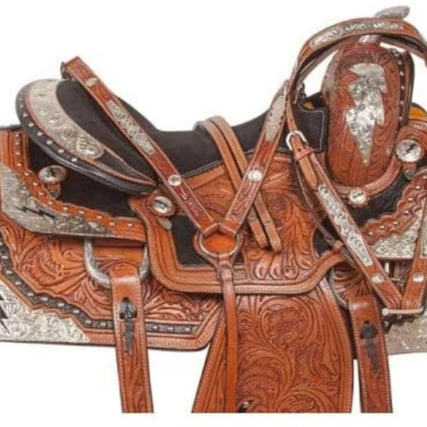 Handmade Western Show Saddle Set – Tooled Leather Horse Saddle with Matching Headstall, Breast Collar & Reins – Comfortable Trail & Show Riding