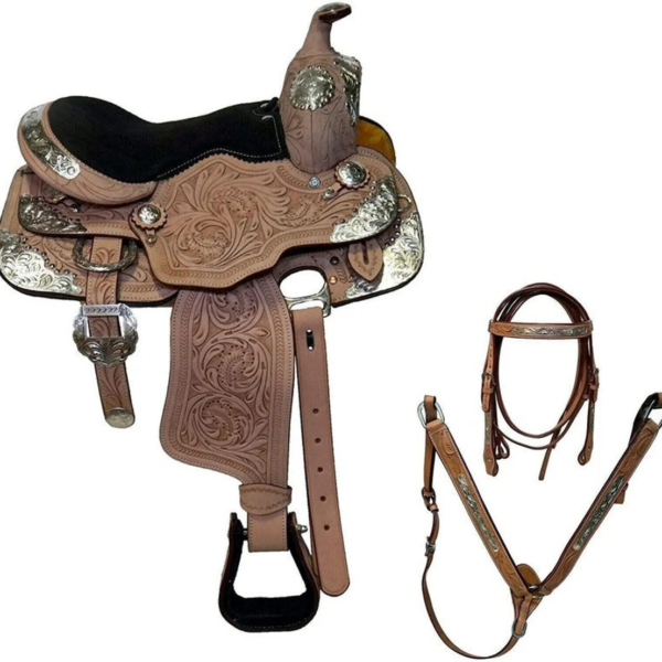Handmade Western Show Saddle Set – Tooled Leather Horse Saddle with Matching Headstall, Breast Collar & Reins – Comfortable Trail & Show Riding