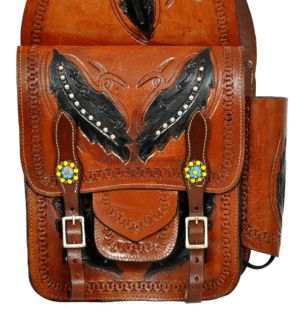 Handmade Leather Horse Riding Saddle Bag – Western Tooled Design with Studs & Buckle Closure – Durable Trail Riding Saddle Pouch for Riders