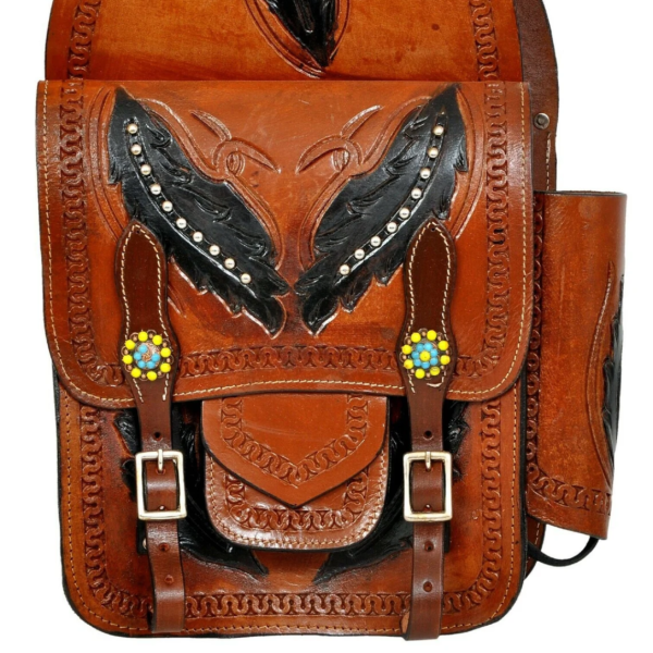 Handmade Leather Horse Riding Saddle Bag – Western Tooled Design with Studs & Buckle Closure – Durable Trail Riding Saddle Pouch for Riders