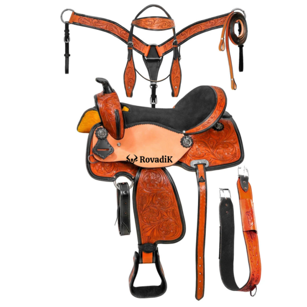 Handmade Western Show Saddle Set – Tooled Leather Horse Saddle with Matching Headstall, Breast Collar & Reins – Comfortable Trail & Show Riding
