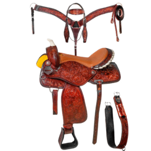 Handmade Western Show Saddle Set – Tooled Leather Horse Saddle with Matching Headstall, Breast Collar & Reins – Comfortable Trail & Show Riding