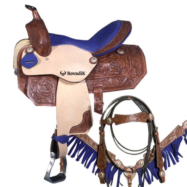 Rovadik Handmade Western Show Saddle Set – Tooled Leather Horse Saddle with Matching Headstall, Breast Collar & Reins – Comfortable Trail & Show Riding