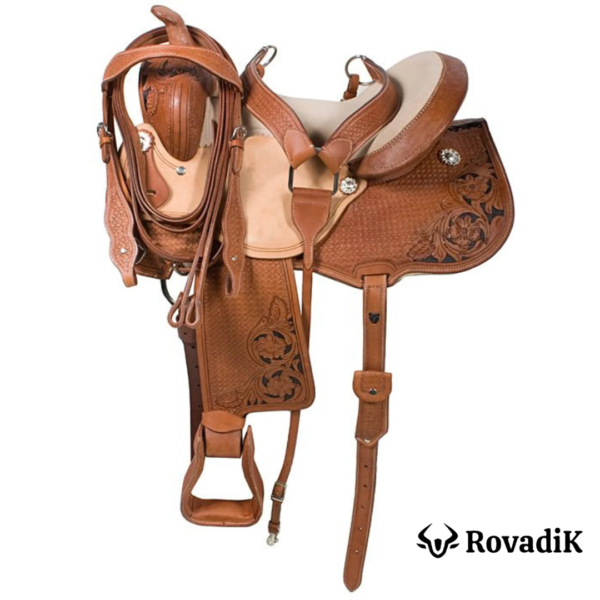 Rovadik Handmade Western Show Saddle Set – Tooled Leather Horse Saddle with Matching Headstall, Breast Collar & Reins – Comfortable Trail & Show Riding