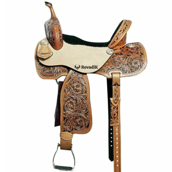 Rovadik Handmade Western Show Saddle Set – Tooled Leather Horse Saddle with Matching Headstall, Breast Collar & Reins – Comfortable Trail & Show Riding