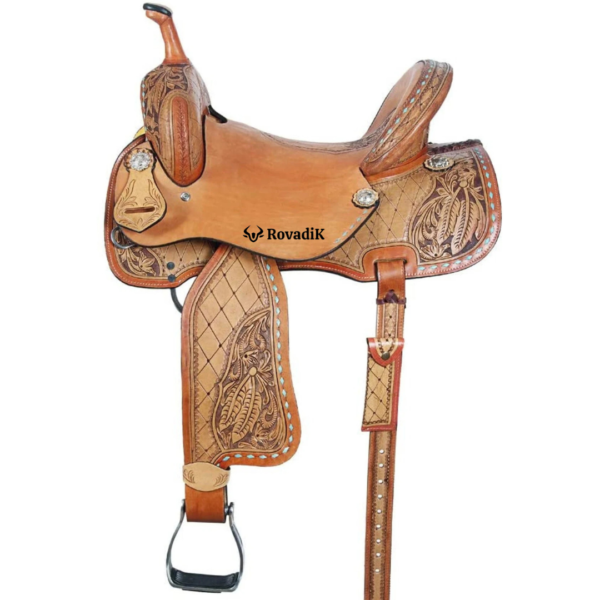 Rovadik Handmade Western Show Saddle Set – Tooled Leather Horse Saddle with Matching Headstall, Breast Collar & Reins – Comfortable Trail & Show Riding