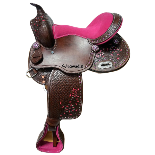 Rovadik Handmade Western Show Saddle Set – Tooled Leather Horse Saddle with Matching Headstall, Breast Collar & Reins – Comfortable Trail & Show Riding