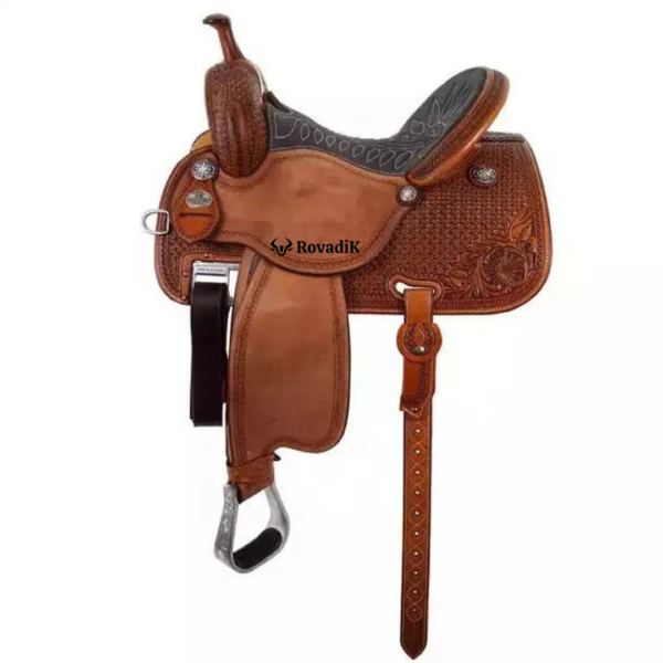 Rovadik Handmade Western Show Saddle Set – Tooled Leather Horse Saddle with Matching Headstall, Breast Collar & Reins – Comfortable Trail & Show Riding