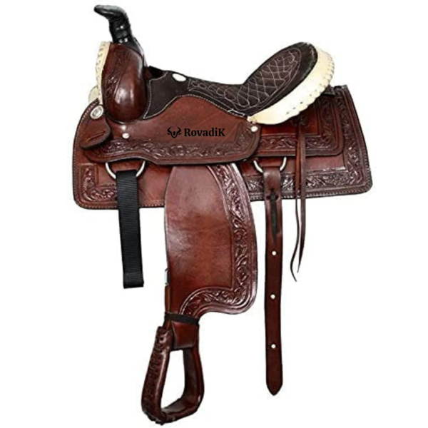 Rovadik Handmade Western Show Saddle Set – Tooled Leather Horse Saddle with Matching Headstall, Breast Collar & Reins – Comfortable Trail & Show Riding