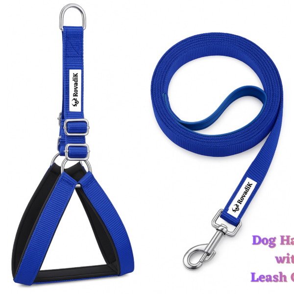 Rovadik Padded Dog Harness and Strap Dog Leash Combo, Strong and Durable Animal Collar For Small, Medium and Large Dogs (Royal Blue)