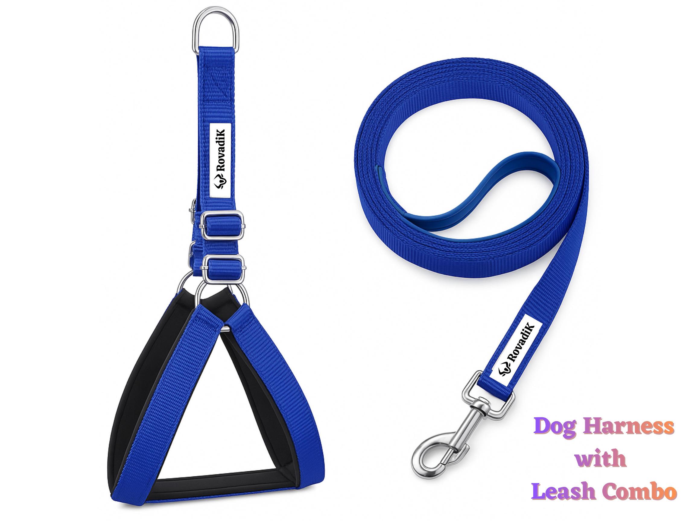 Rovadik Padded Dog Harness and Strap Dog Leash Combo, Strong and Durable Animal Collar For Small, Medium and Large Dogs (Royal Blue)