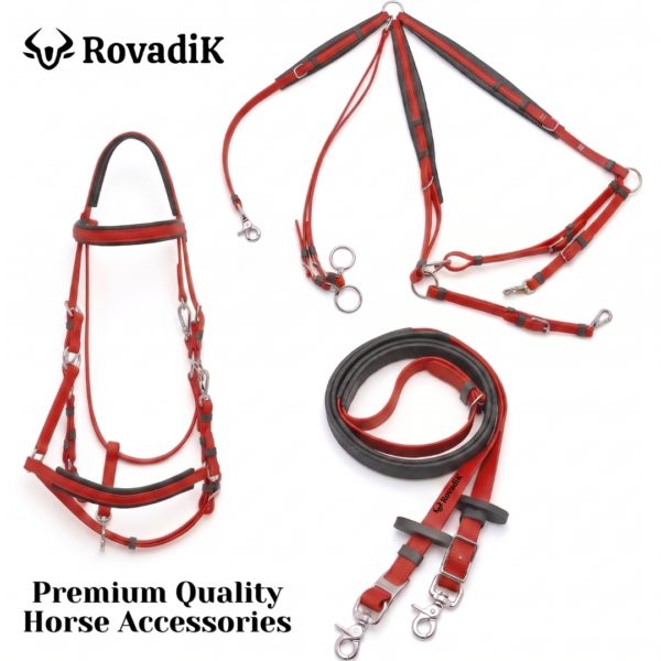 Rovadik Horse Tack PVC Bridle with Reins and Martingale (Chest Belt) – Dressage Bridle-English Bridle – Western Horse Bridle – Equestrian Tack-Horse Accessories, Horse Riders-Red