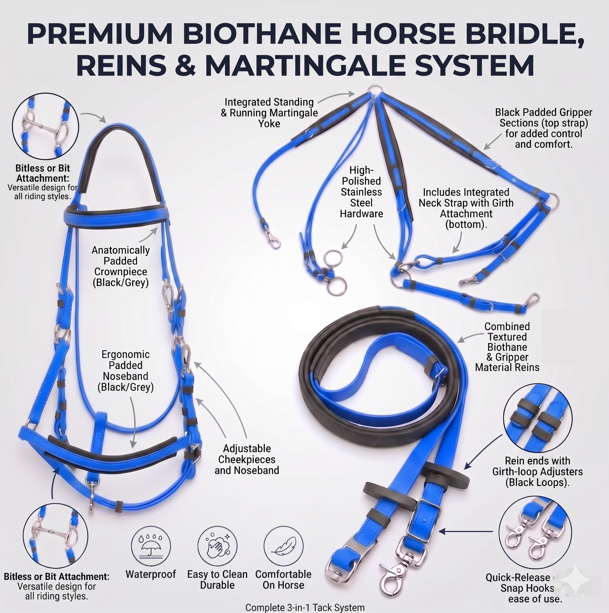 Biothan Horse Bridle with Reins_Blue_05