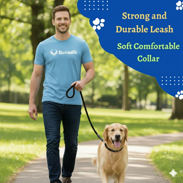 Rovadik Dog Collar and Rope Dog Leash Combo Set | Adjustable | Padded | Comfortable | Strong | for Large Dogs | Labrador | Golden Retriever | German Shepherd | Rottweiler (Black, Large)
