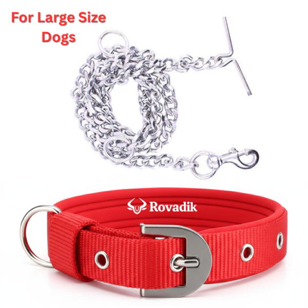 Rovadik Dog Collar and Dog Chain Combo Set | Adjustable | Padded | Comfortable | for Large Dogs, German Shepherd, Boxer, Golden Retriever, Labrador, Rottweiler, Dalmatian, Doberman (Red, Large)