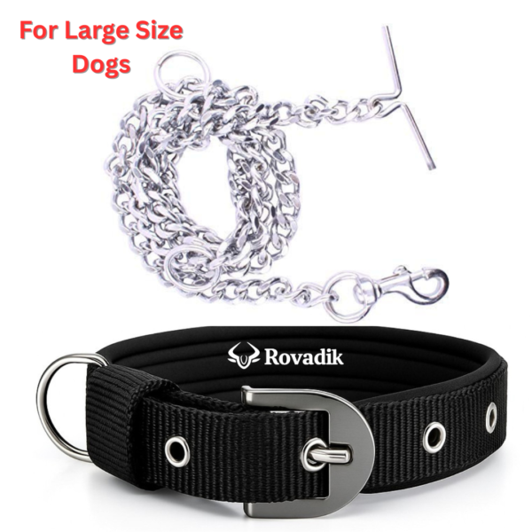 Rovadik Dog Collar and Dog Chain Combo Set | Adjustable | Padded | Comfortable | for Large Dogs, German Shepherd, Boxer, Golden Retriever, Labrador, Rottweiler, Dalmatian, Doberman (Black, Large)