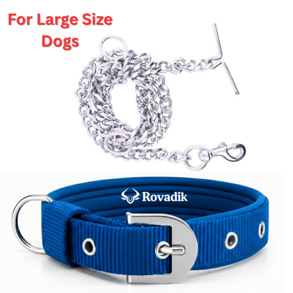 Rovadik Dog Collar and Dog Chain Combo Set | Adjustable | Padded | Comfortable | for Large Dogs, German Shepherd, Boxer, Golden Retriever, Labrador, Rottweiler, Dalmatian, Doberman (Blue, Large)