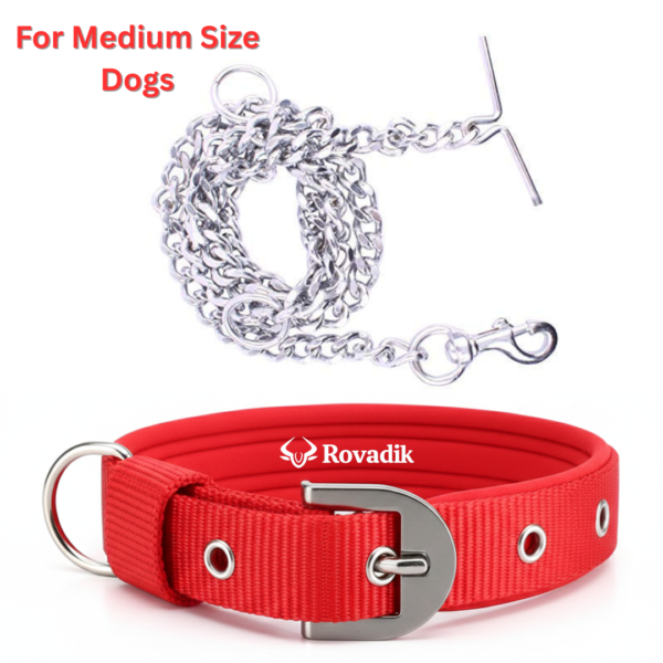 Rovadik Dog Collar and Dog Chain Combo Set | Adjustable | Padded | Comfortable | for Small & Medium Dogs | Pug, Shih Tzu, Lhasa Apso, Pomeranian, Beagle, Bulldog, Indie (Red, Medium)