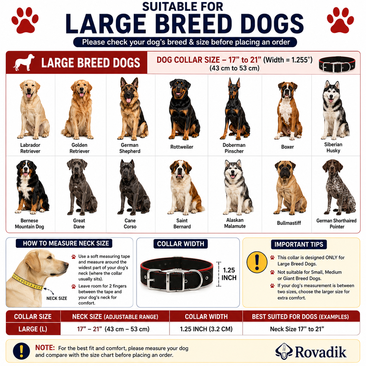 Large Dog Breed Size Collar Chart