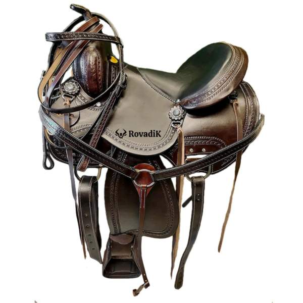Rovadik Handmade Western Show Saddle Set – Tooled Leather Horse Saddle with Matching Headstall, Breast Collar & Reins – Comfortable Trail & Show Riding