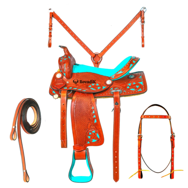 Rovadik Handmade Western Show Saddle Set – Tooled Leather Horse Saddle with Matching Headstall, Breast Collar & Reins – Comfortable Trail & Show Riding