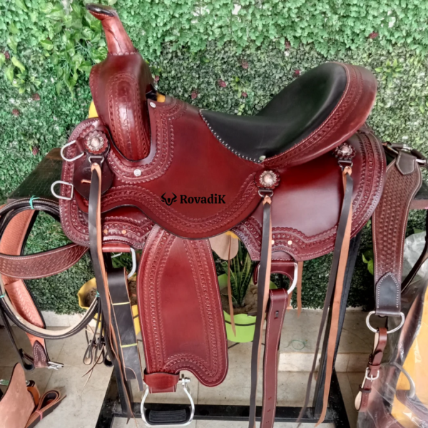 Rovadik Handmade Western Show Saddle Set – Tooled Leather Horse Saddle with Matching Headstall, Breast Collar & Reins – Comfortable Trail & Show Riding
