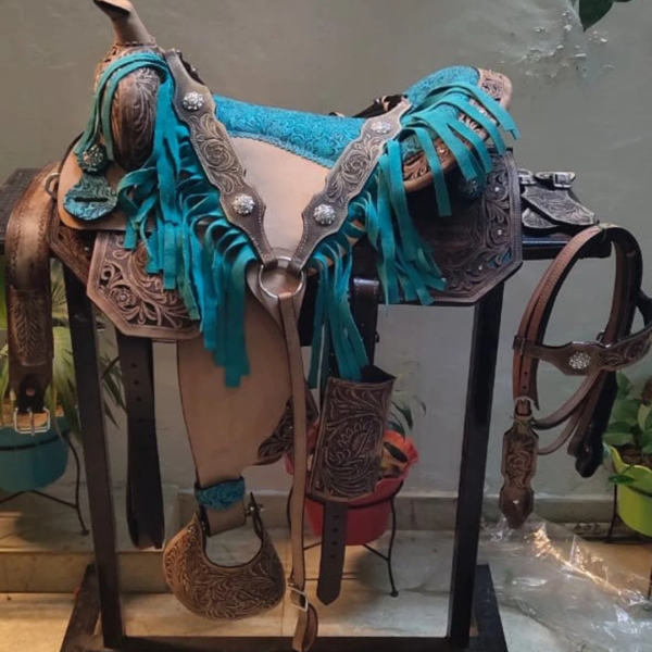 Rovadik Handmade Western Show Saddle Set – Tooled Leather Horse Saddle with Matching Headstall, Breast Collar & Reins – Comfortable Trail & Show Riding