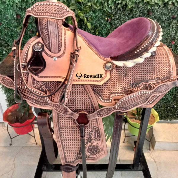 Rovadik Handmade Western Show Saddle Set – Tooled Leather Horse Saddle with Matching Headstall, Breast Collar & Reins – Comfortable Trail & Show Riding