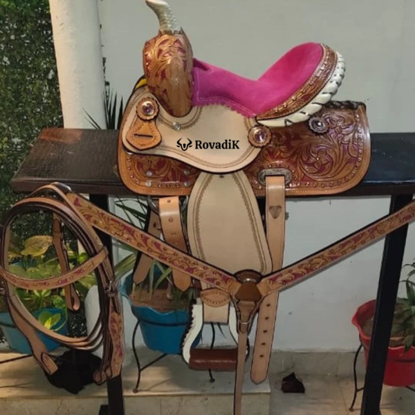 Rovadik Handmade Western Show Saddle Set – Tooled Leather Horse Saddle with Matching Headstall, Breast Collar & Reins – Comfortable Trail & Show Riding