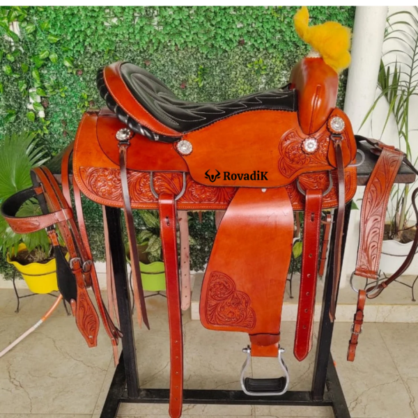 Rovadik Handmade Western Show Saddle Set – Tooled Leather Horse Saddle with Matching Headstall, Breast Collar & Reins – Comfortable Trail & Show Riding