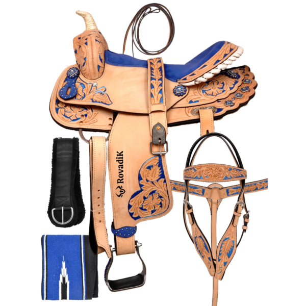 Rovadik Handmade Western Show Saddle Set – Tooled Leather Horse Saddle with Matching Headstall, Breast Collar & Reins – Comfortable Trail & Show Riding