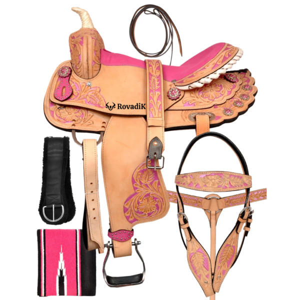 Rovadik Handmade Western Show Saddle Set – Tooled Leather Horse Saddle with Matching Headstall, Breast Collar & Reins – Comfortable Trail & Show Riding