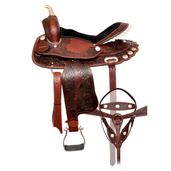 Rovadik Handmade Western Show Saddle Set – Tooled Leather Horse Saddle with Matching Headstall, Breast Collar & Reins – Comfortable Trail & Show Riding