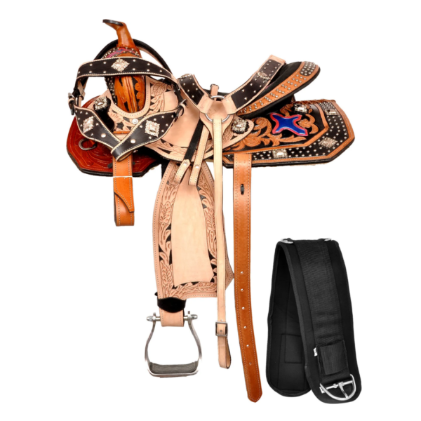 Rovadik Handmade Western Show Saddle Set – Tooled Leather Horse Saddle with Matching Headstall, Breast Collar & Reins – Comfortable Trail & Show Riding
