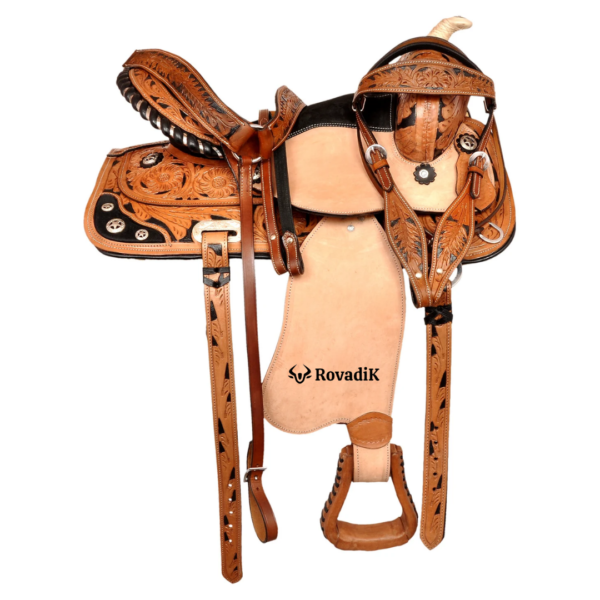 Rovadik Handmade Western Show Saddle Set – Tooled Leather Horse Saddle with Matching Headstall, Breast Collar & Reins – Comfortable Trail & Show Riding